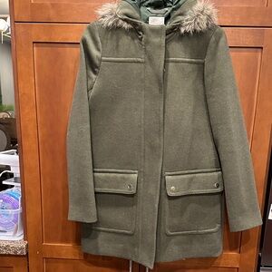 JCrew Olive Green Women's Coat with Faux Fur Trim